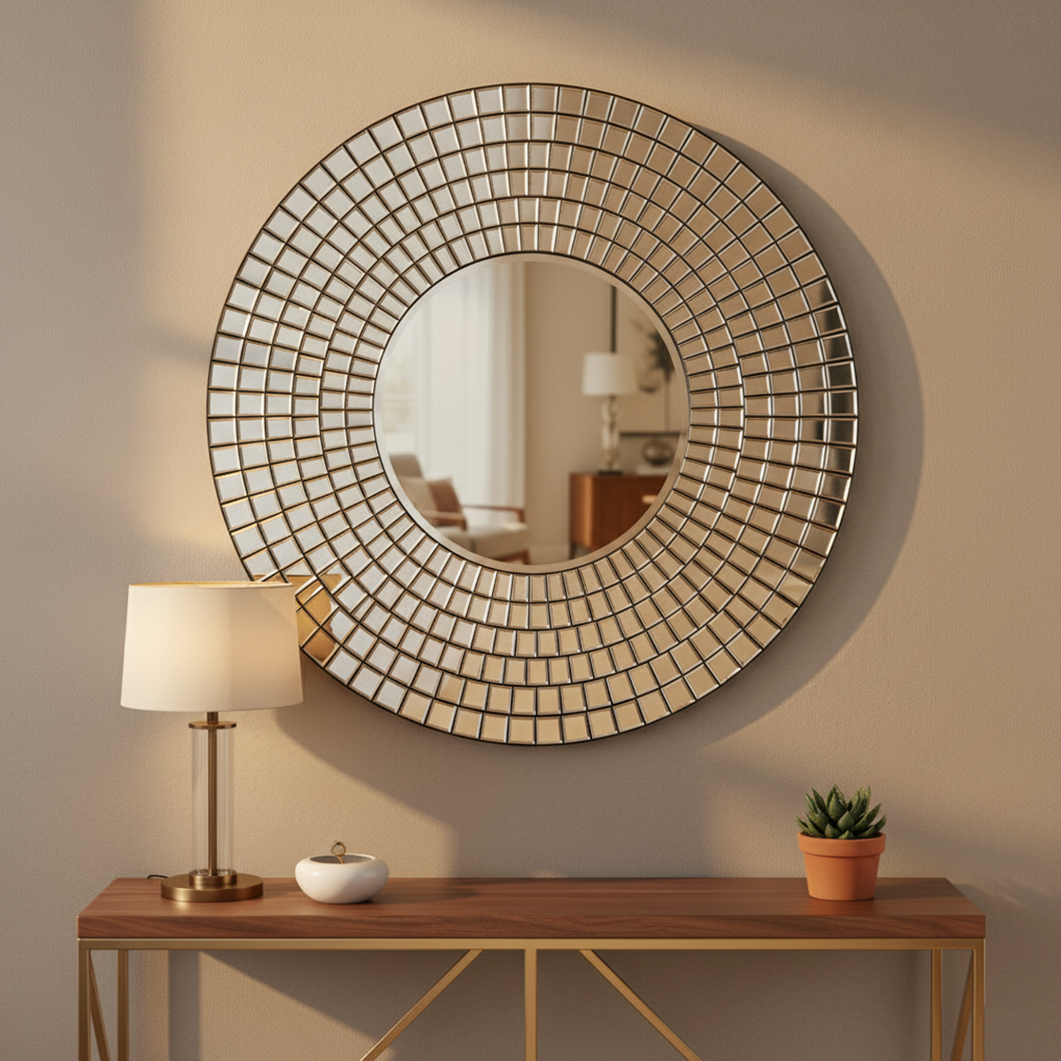 Round Mosaic Blocks Mirror | Decorative Mirror For Walls | 24x24 Inch High Quality Mirror | Decorative Mirror For Living Room, Bedroom & Washroom