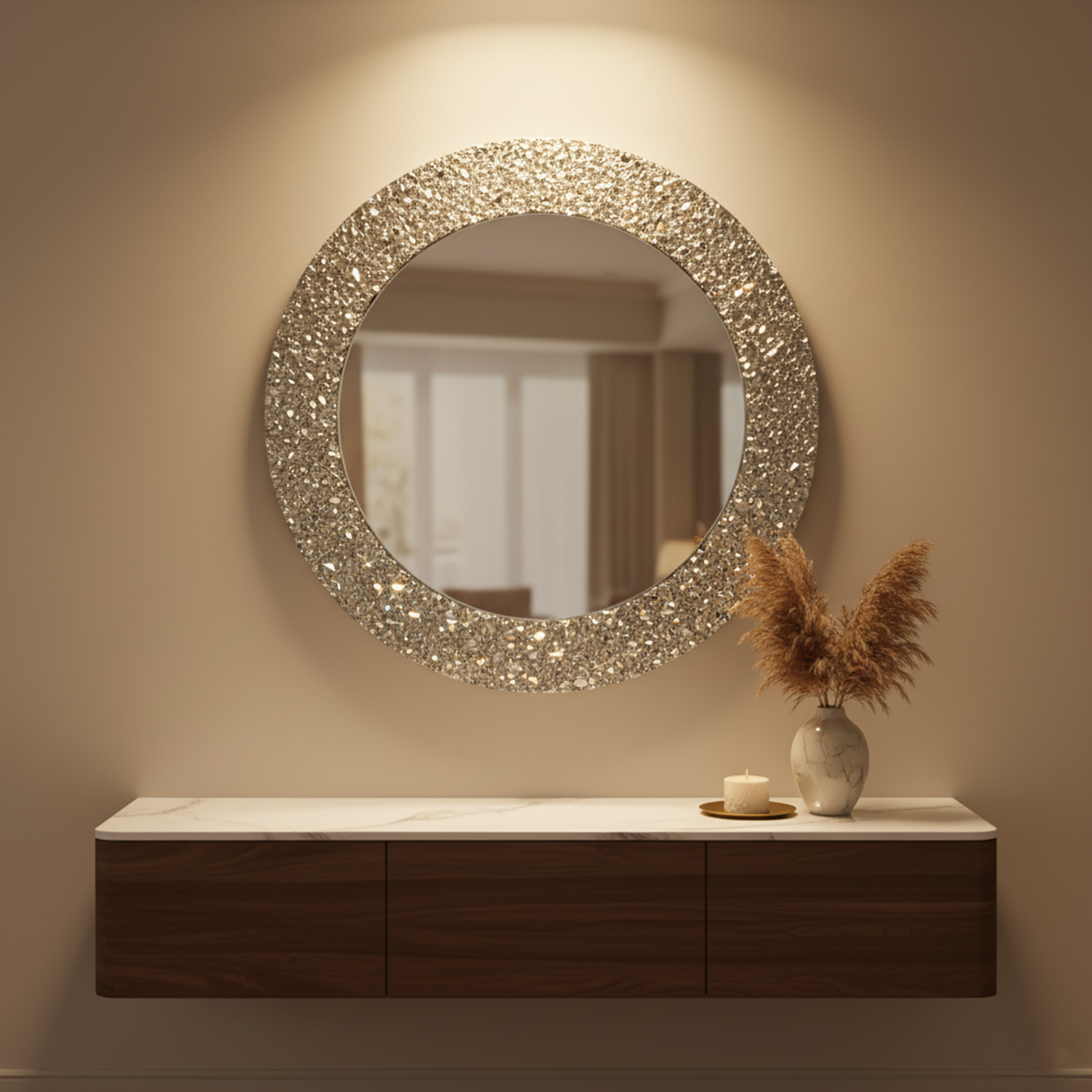 Glam Decorative Accent Round Crystal Mirror | Decorative Mirror For Walls | 24x24 Inch High Quality Mirror | Decorative Mirror For Living Room, Bedroom & Washroom