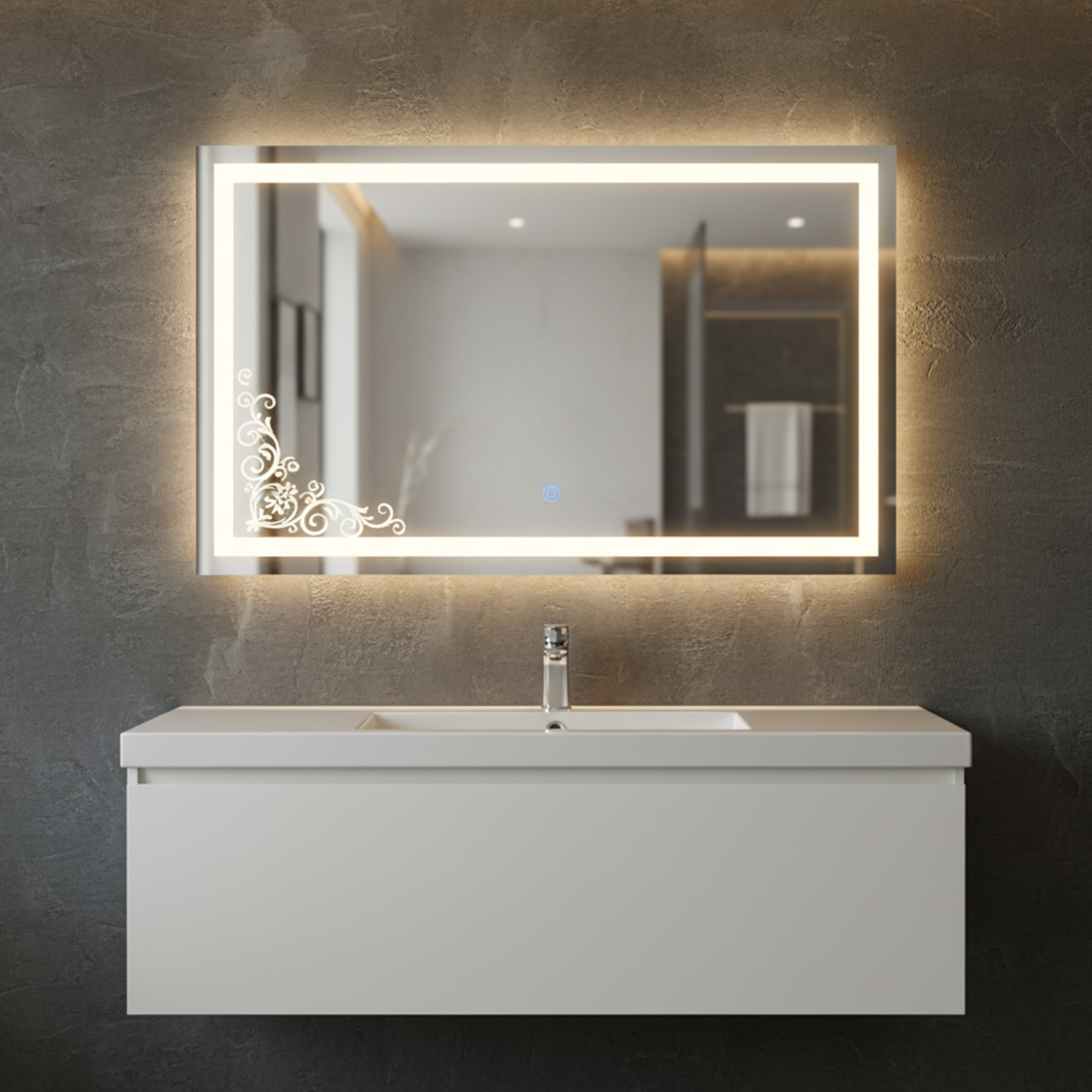 LED Rectangular Mirror With Etched Design | LED Mirror For Walls | 24x18 Inch High Quality Mirror | Mirror For Bathroom & Washroom