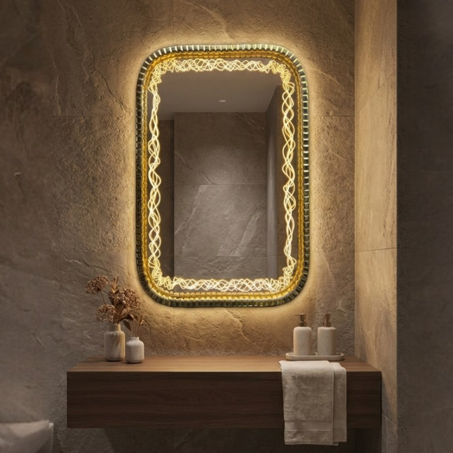 Golden Glow LED Mirror | 18x24 Inch High Quality Rounded Rectangular Mirror | Decorative Mirror For Living Room, Bedroom & Washroom