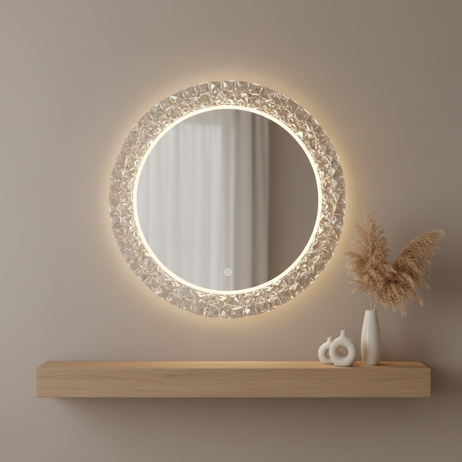 Diamond Themed Round Crystal Mirror | Decorative Mirror For Walls | 24x24 Inch High Quality Mirror | Decorative Mirror For Living Room, Bedroom & Washroom