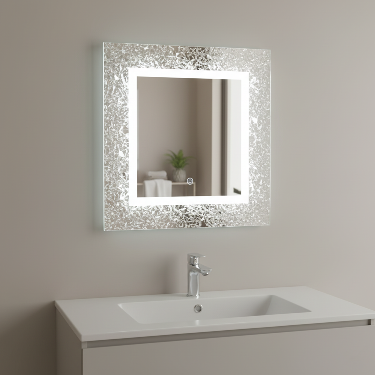 Crushed Glass Square Crystal Mirror | Decorative Mirror For Walls | 24x24 Inch High Quality Mirror | Mirror For Bathroom & Washroom