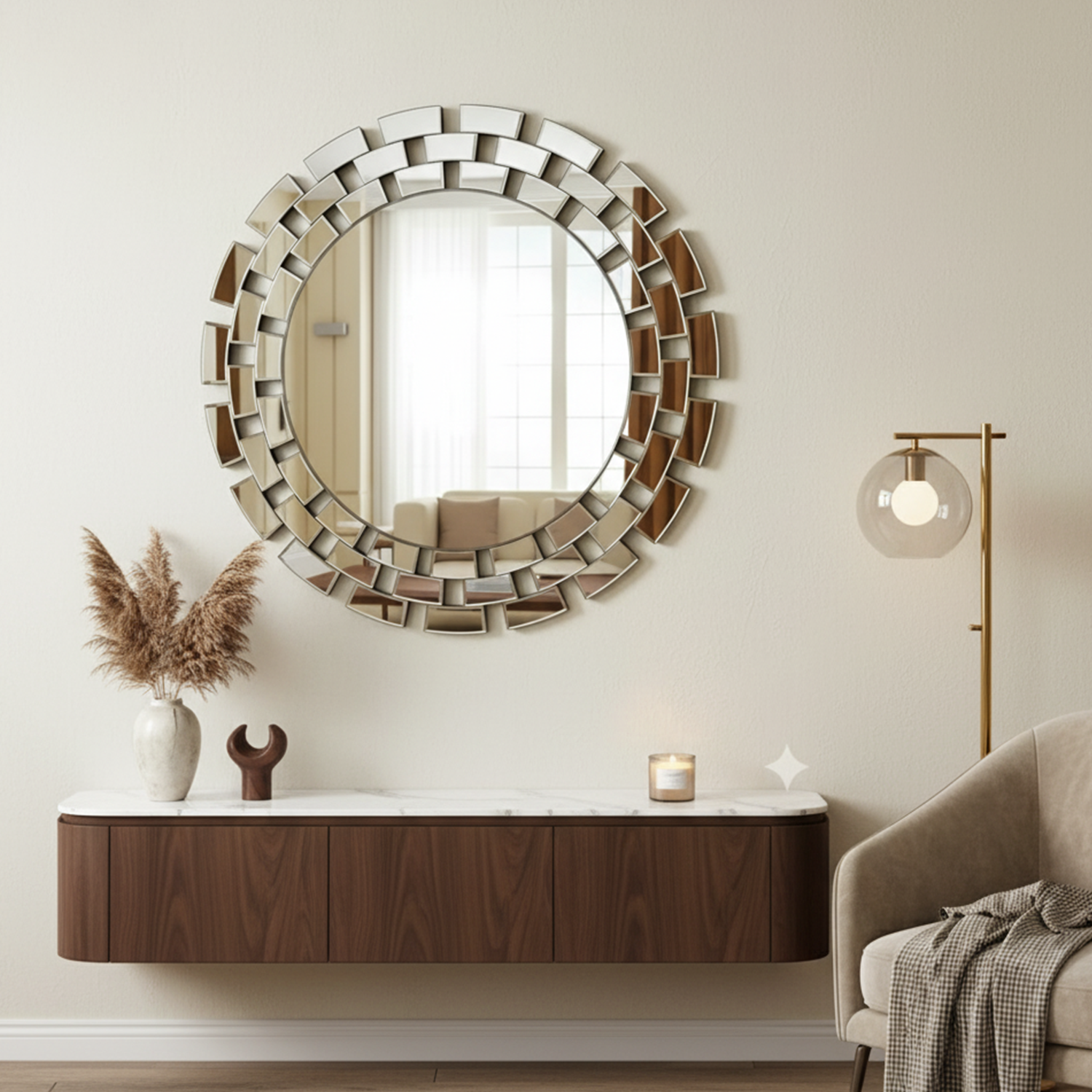 Round Mosaic Tile Mirror | Decorative Mirror For Walls | 24x24 Inch High Quality Mirror | Decorative Mirror For Living Room, Bedroom & Washroom