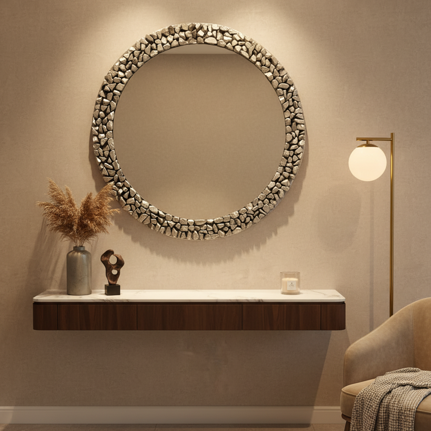 Round Mosaic Pebble Mirror | Decorative Mirror For Walls | 24x24 Inch High Quality Mirror | Decorative Mirror For Living Room, Bedroom & Washroom