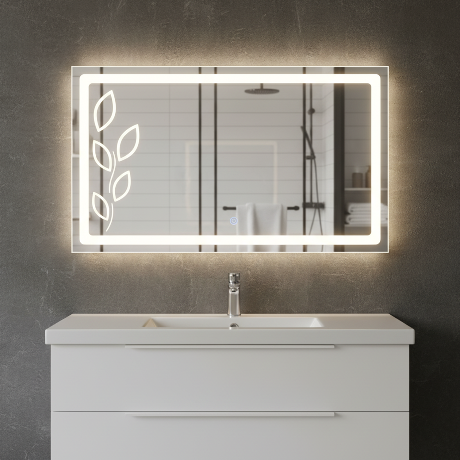 LED Rectangular Mirror With Etched Flower Design | LED Mirror For Walls | 75x75 Inch High Quality Mirror | Mirror For Bathroom & Washroom