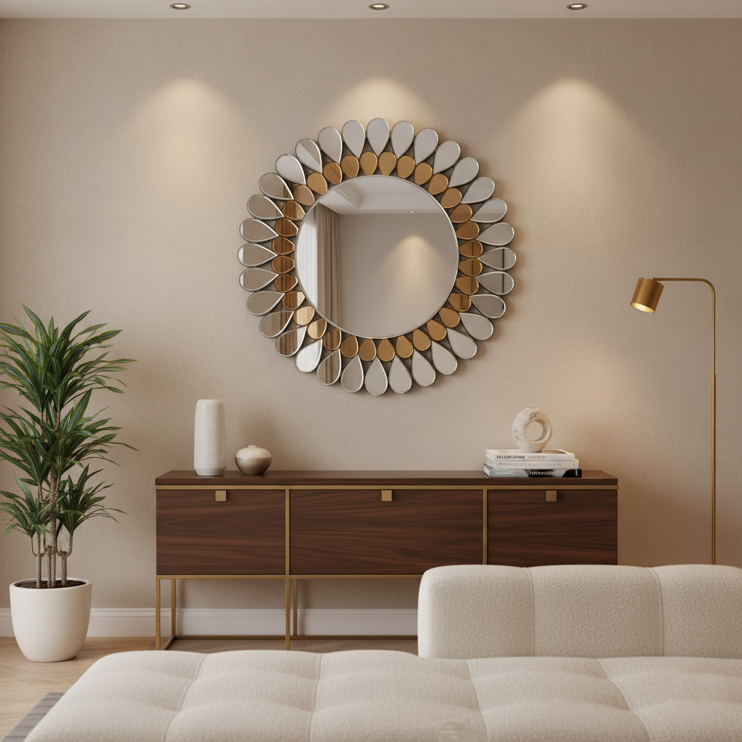 Flower Petal Shaped Mirror | Decorative Round Mirror For Walls | 24x24 Inch High Quality Mirror | Round Mirror For Living Room, Bedroom & Washroom