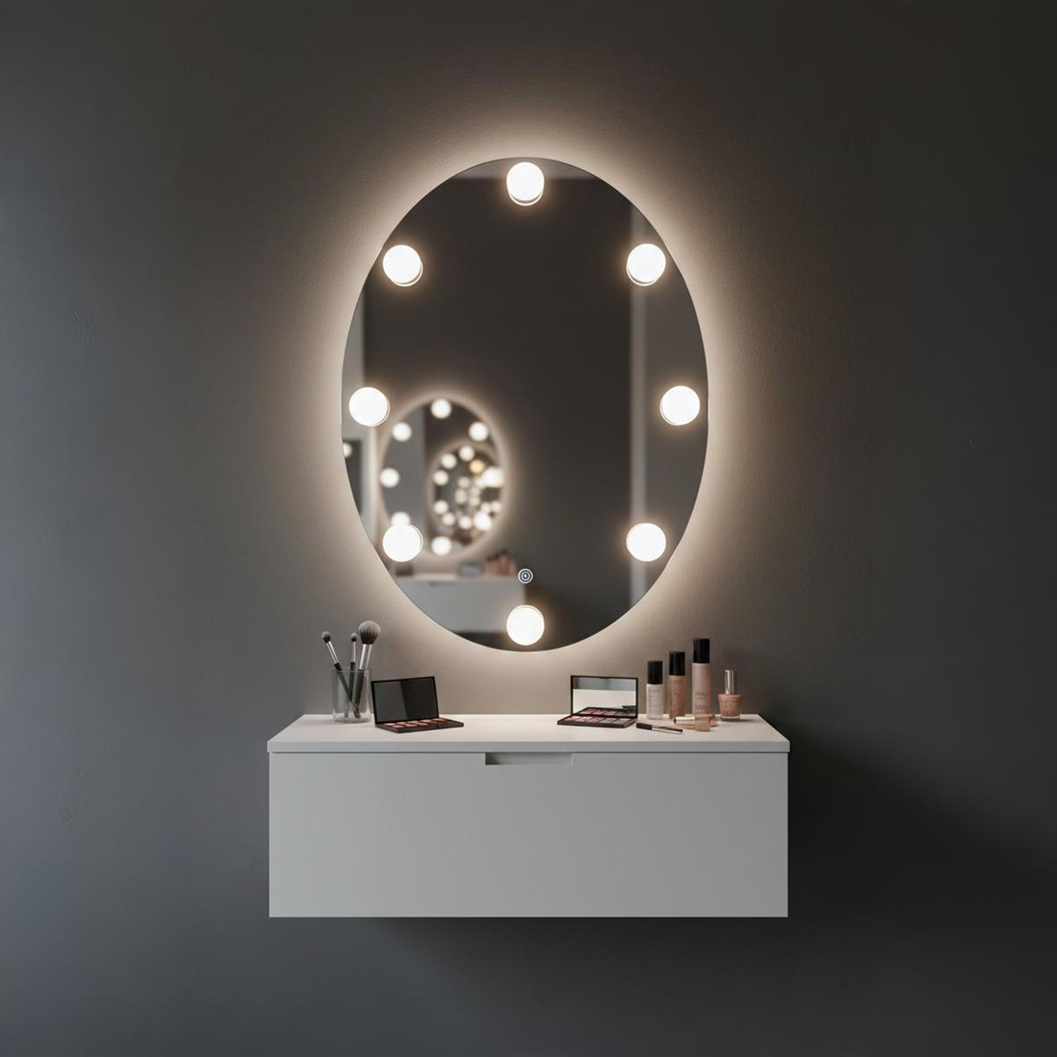 Oval LED Bulb Makeup Mirror | LED Mirror For Walls | 75x75 Inch High Quality Mirror | Decorative Mirror For Living Room, Bedroom & Washroom