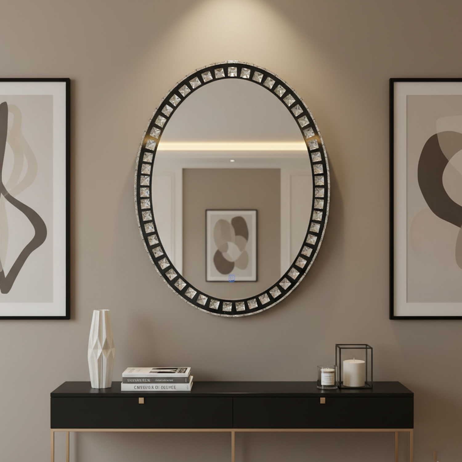 Gem Themed Oval Crystal Mirror | Decorative Mirror For Walls | 18x24 Inch High Quality Mirror | Decorative Mirror For Living Room, Bedroom & Washroom