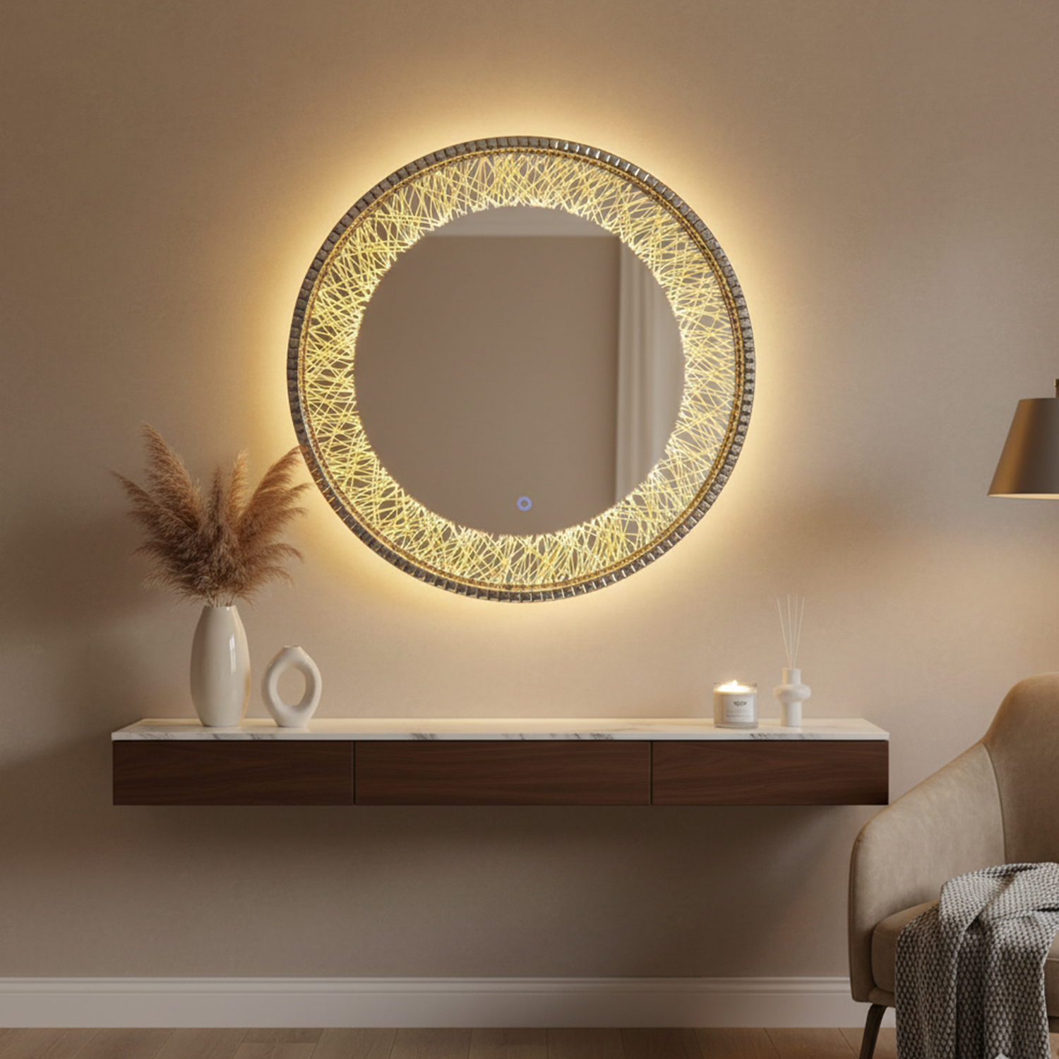 Bohemian LED Round Mirror | LED Mirror For Walls | 24x24 Inch High Quality Mirror | Decorative Mirror For Living Room, Bedroom & Washroom