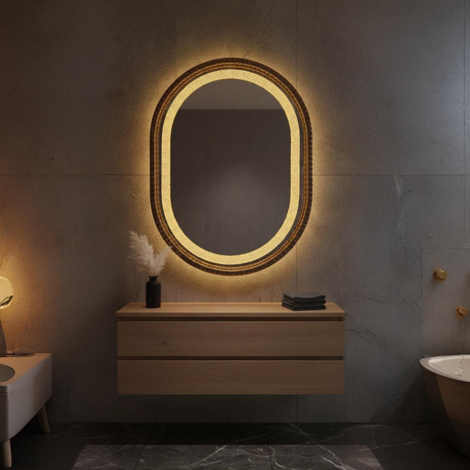 Oval Yellow LED Mirror | Decor LED Mirror | 18x24 Inch High Quality Mirror | Decorative Mirror For Living Room, Bedroom & Washroom