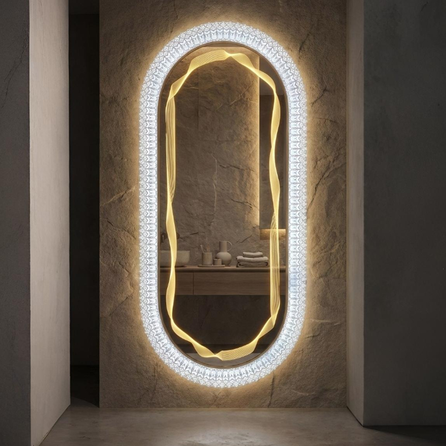 Studded Oval LED Dressing Mirror | Wall Mounted LED Mirror | 24x48 Inch High Quality Decorative Mirror | Dressing Mirror For Vanity Vans, Makeup Rooms, Salons & Home Dressing Areas