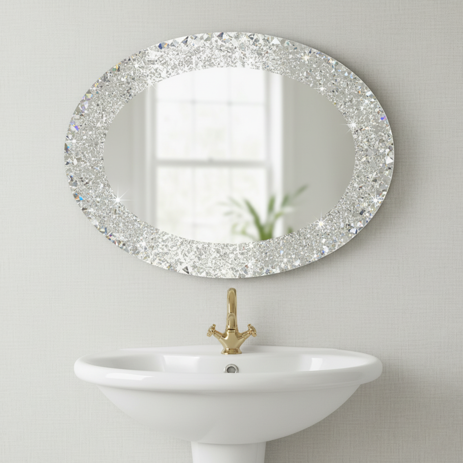 Crushed Diamond Oval Crystal Mirror | Decorative Mirror For Walls | 24x18 Inch High Quality Mirror | Decorative Mirror For Living Room, Bedroom & Washroom