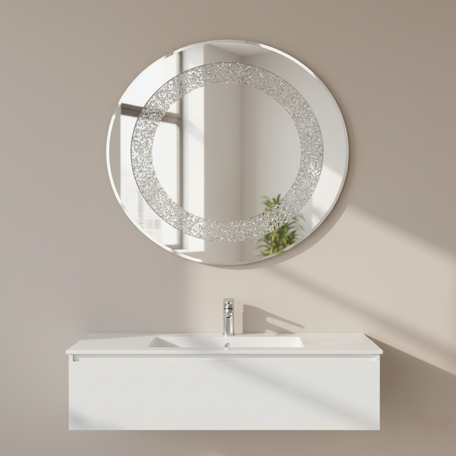 Crushed Diamond Round Crystal Mirror | Decorative Mirror For Walls | 24x24 Inch High Quality Mirror | Decorative Mirror For Living Room, Bedroom & Washroom