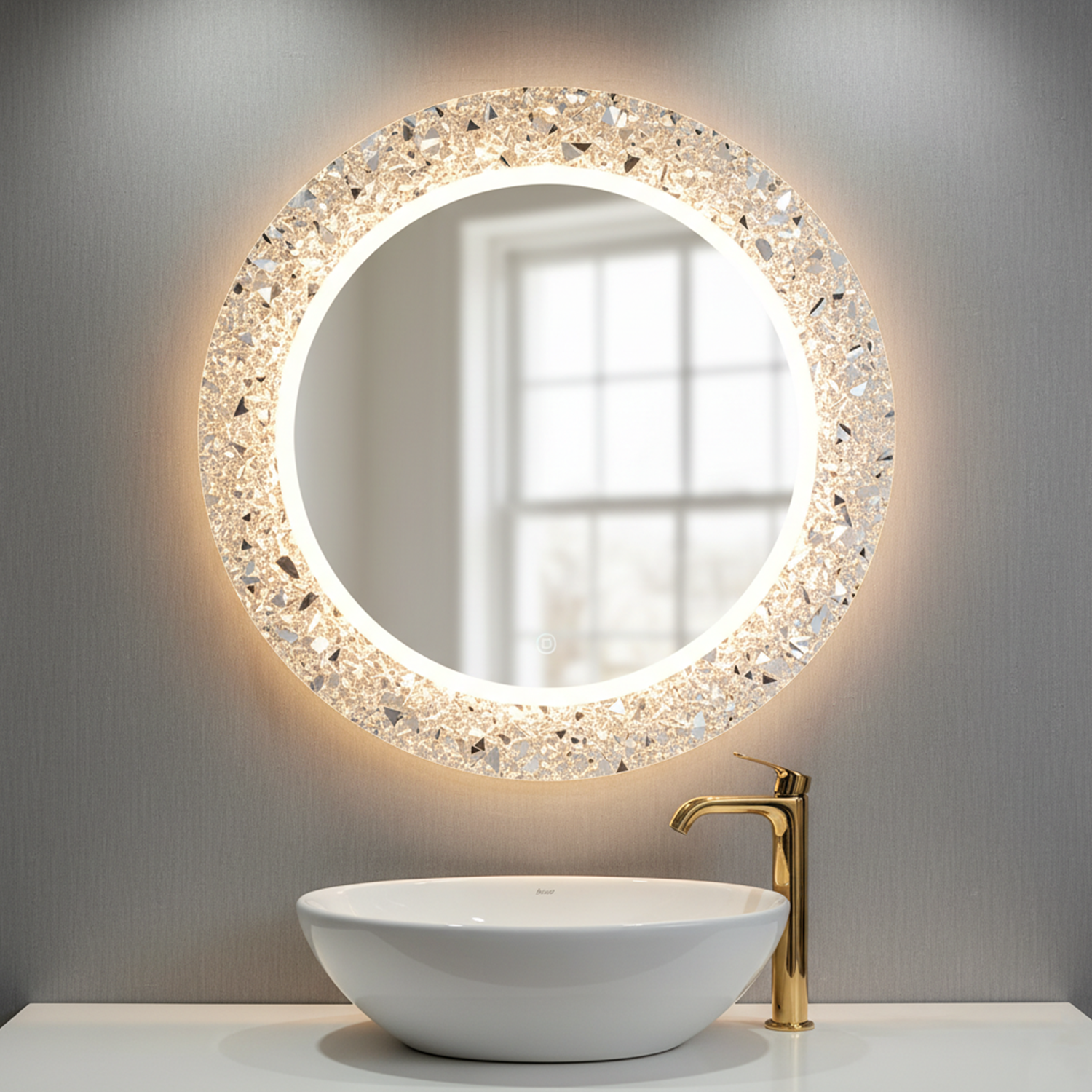 Casmer Round Crystal Mirror | Decorative Mirror For Walls | 24x24 Inch High Quality Mirror | Mirror For Bathroom & Washroom